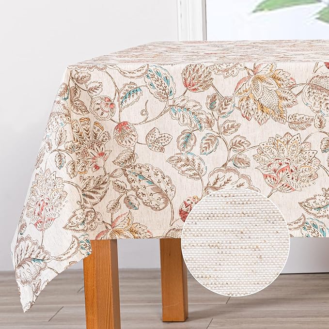 Mysky Home Waterproof Tablecloth Rectangle 60x102 Inch Rustic Burlap Tablecloth Spring Floral Linen Table Cover Farmhouse Decoration Rectangle/Oblong for Holiday, Dinner, Indoor and Outdoor Use, Brown