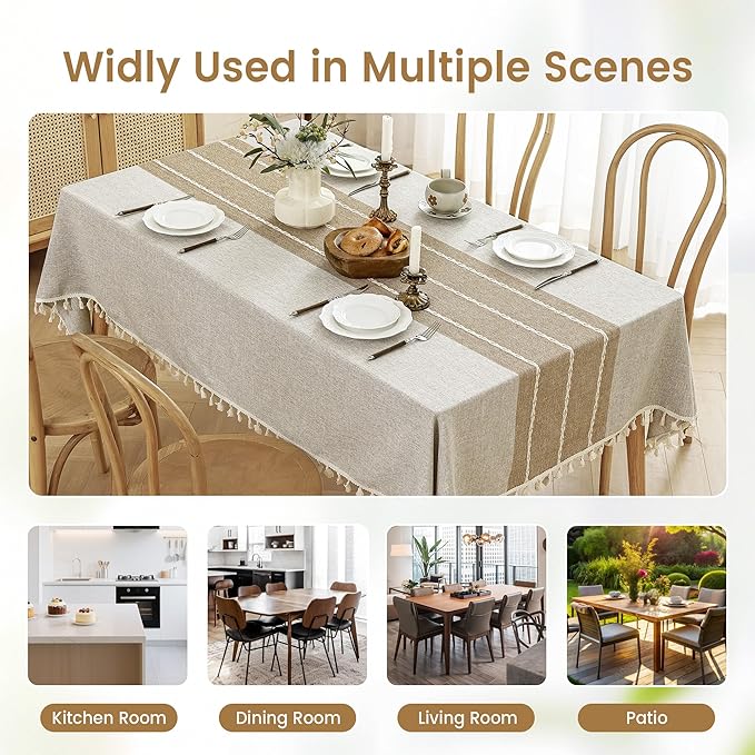 puredown® Rustic Square Tablecloth, Waterproof Cotton Linen Tablecloth with Tassel, Wrinkle Free Farmhouse Table Cloths for Kitchen Dining Outdoor, 55"x55",4 Seats, Coffee