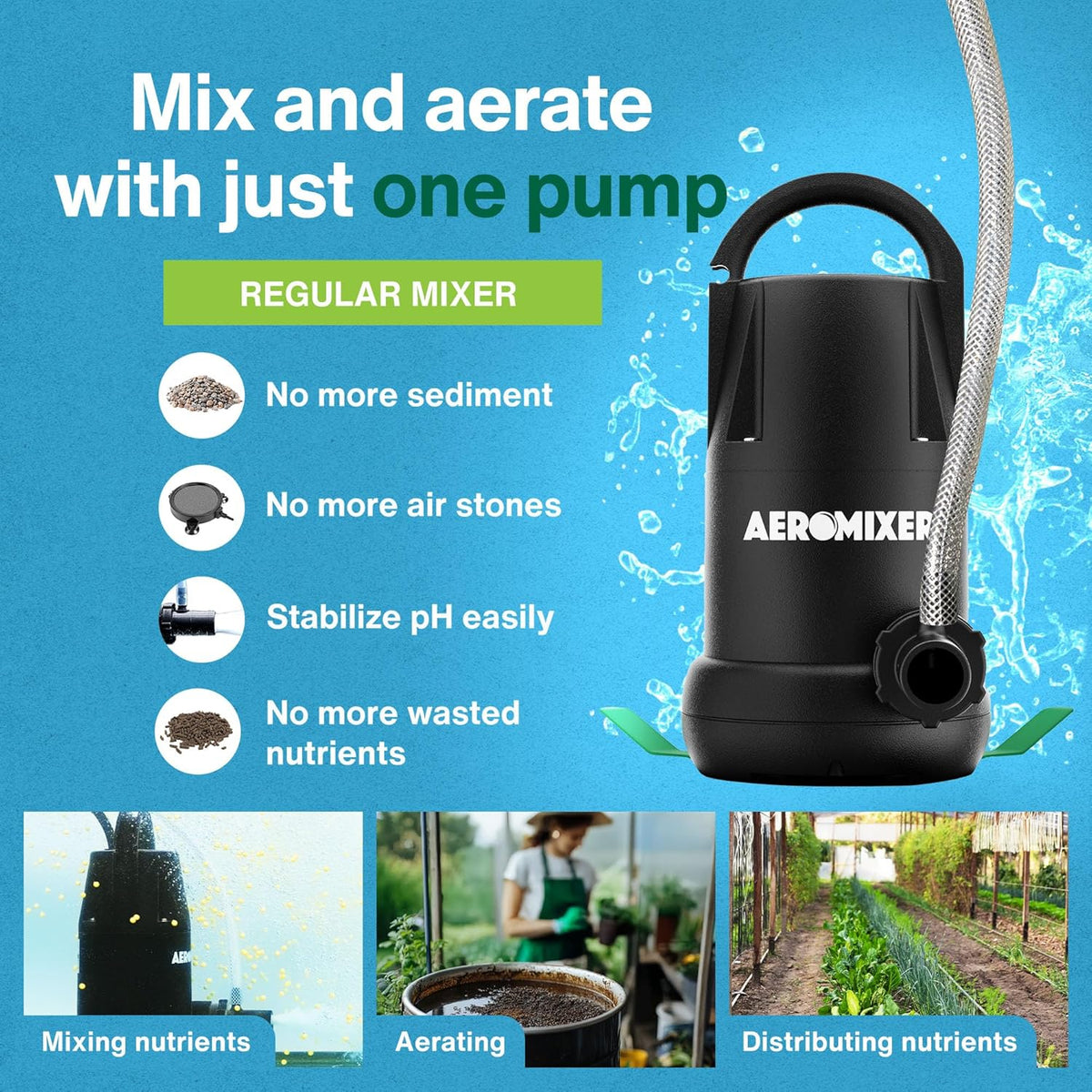 Aeromixer Regular 3/4 HP Submersible Mixing + Aerating Pump - Submersible Water Pump for Nutrient Mixing and Aerating, Electric Garden Water Pumps, Heavy Duty Outdoor Pumps for Farming and Gardening
