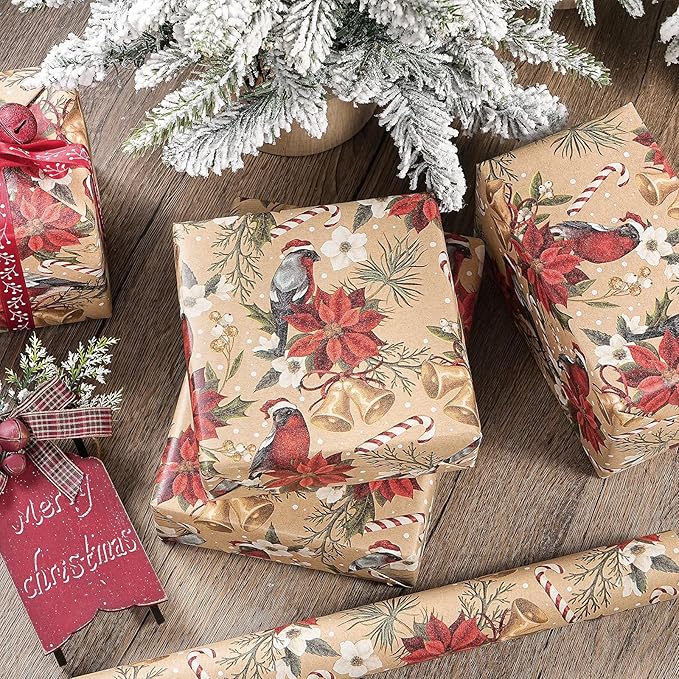 RUSPEPA Kraft Christmas Wrapping Paper Roll, Mini Roll, Cardinal Bird, Poinsettia, Golden Bell and Candy Cane Design, Vintage Kraft Gift Wrap for Women, Family, Xmas Holiday, 17 Inches x 16.4 Feet