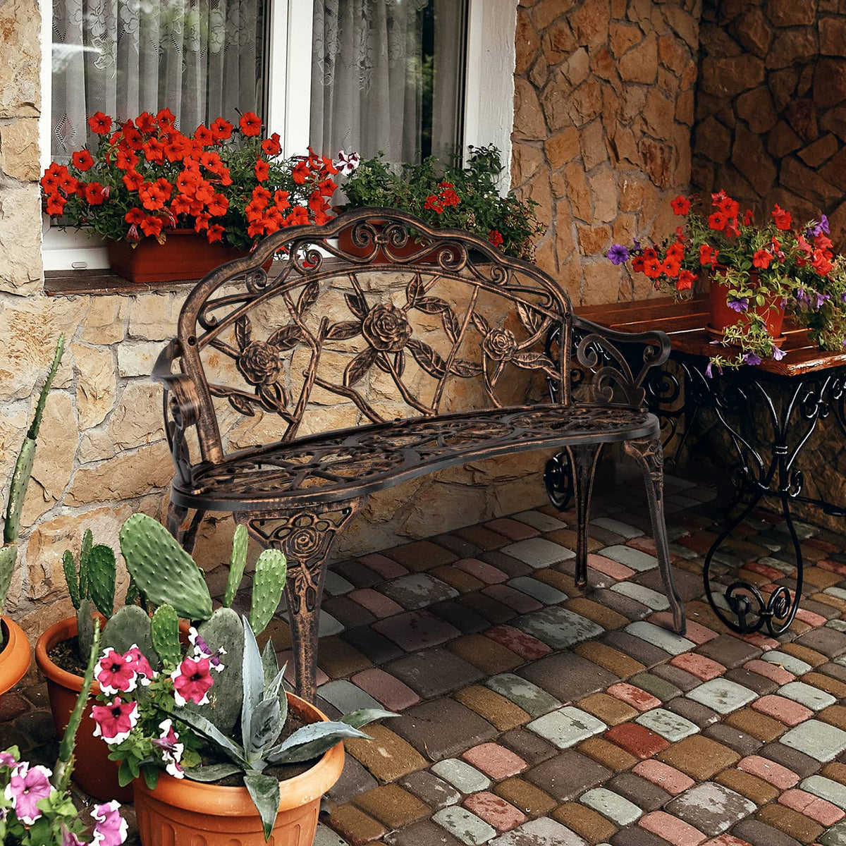 VINGLI 38.5" Patio Park Garden Outdoor Metal Rose Bench, 2-Person Cast Iron Cast Aluminium Frame Antique Finish Chair,Accented Lawn Front Porch Path Yard Decor Deck Furniture (Bronze, Rose)