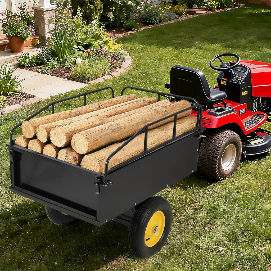 Garvee Heavy Duty Tow Behind ATV Trailer Steel Dump Cart 500 LB, 10-Cubic Feet Capacity Garden Utility Trailer with Removable Tailgate for Riding Lawn Mower Tractor