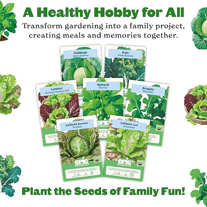Epic Gardening Eat Your Greens Seed Kit - 7 Heirloom & Non-GMO Varieties, Includes Kale, Spinach, Arugula & Romaine Lettuce, Grow Fresh Greens for Salads, Smoothies, Healthy Meals, Ideal for Beginners