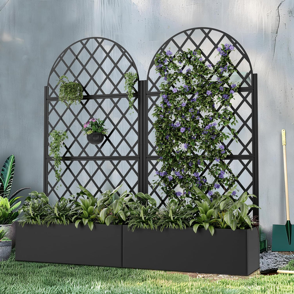 Casaphoria Metal Raised Garden Bed with Trellis and Wheels, 72"x35"x16" Planter Box for Climbing Plants, Vegetables & Vines, Features Drainage Holes and Privacy Screen (Black-Laurence)