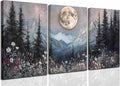 3Pcs Full Moon Forest Canvas Wall Art Moody Dark Forest Moonlit Pine Tree Mountains Wildflowers Wall Decor Wildflower Moon Poster Print Artwork for Bedroom Living Room Decoration