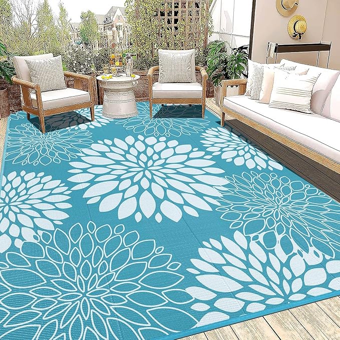 Ileading Reversible Outdoor Rug 8x10Ft Waterproof Patio Rug Carpet Portable Outdoor Plastic Straw Rug Large RV Camping Mat Rug for Patio, Clearance, Deck, Beach, Porch, Camping, Picnic, Teal