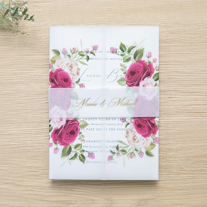 PONATIA 50PCS Vellum Jackets for 5x7 Invitation Cards- 135GSM Fuchsia Flowers Vellum Sleeves Paper 5x7 Jackets - Wedding Invitations Wraps - Transparent Card Jacket