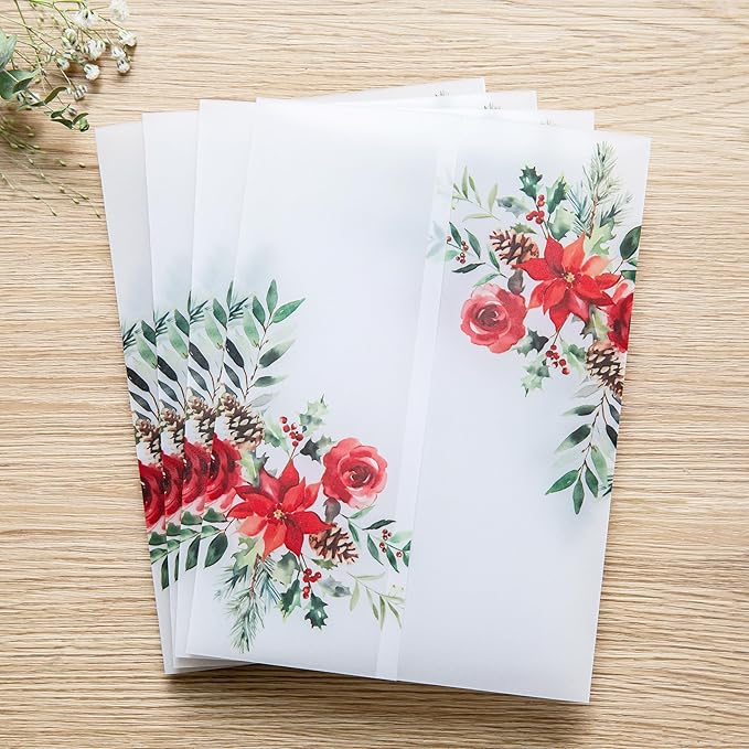 PONATIA 50 PCS 135gsm Vellum Jackets for 5x7 Wedding Invitation Cards- Christmas Red Floral Printed Vellum Sleeves, Invitation Cards Wraps, Christmas Cards Jackets