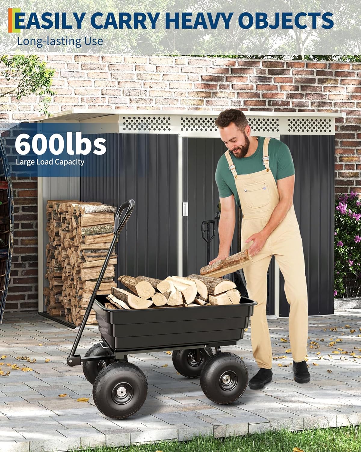 GarveeLife Poly Dump Cart - Heavy Duty 600 LBS Garden Cart with Quick-Release Dumping 10 in Tires, Utility Wagon for Yard Work, Landscaping, Gardening