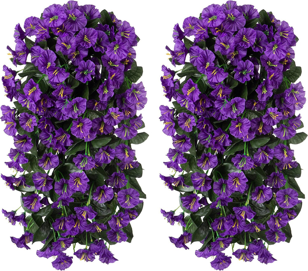 Artificial Fake Hanging Flowers Plants for Outdoor Outside Summer Decoration, 2PCS Faux Silk Morning Glory Purple UV Resistant Look Real Trailing Vines for Home Planter Porch Patio