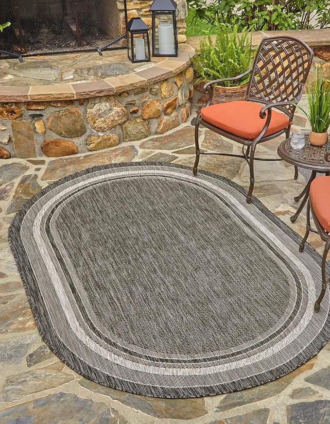 Unique Loom Outdoor Border Collection Area Rug - Soft Border (5' 3" x 8' Oval, Black/ Ivory)