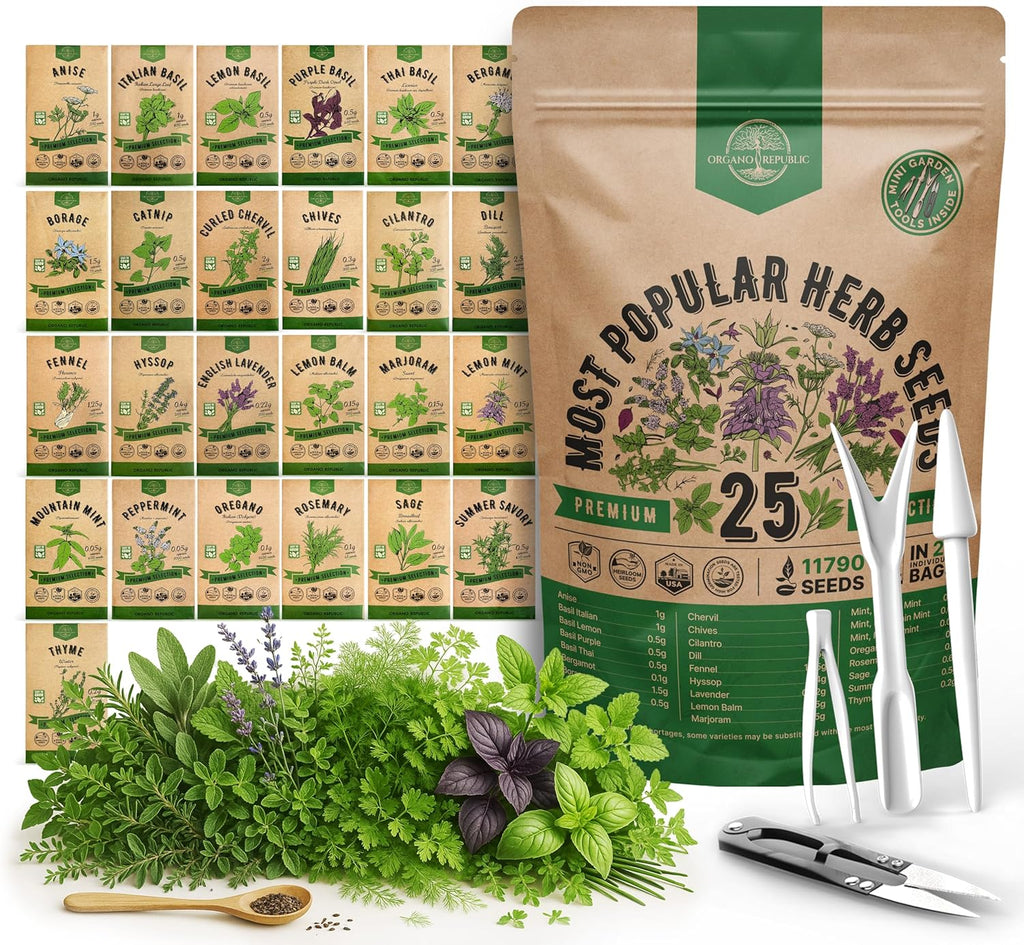 25 Most Popular Herb Seeds Variety Pack - 11,700 Non-GMO Heirloom Seeds for Planting Herbs in Individual Seed Packets for Hydroponic, Indoor & Outdoor Gardening