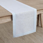 Solino Home Linen Light Blue Table Runner 132 Inches Long - 100% Pure Linen Extra Long Table Runner 14 x 132 Inch - Classic Hemstitch