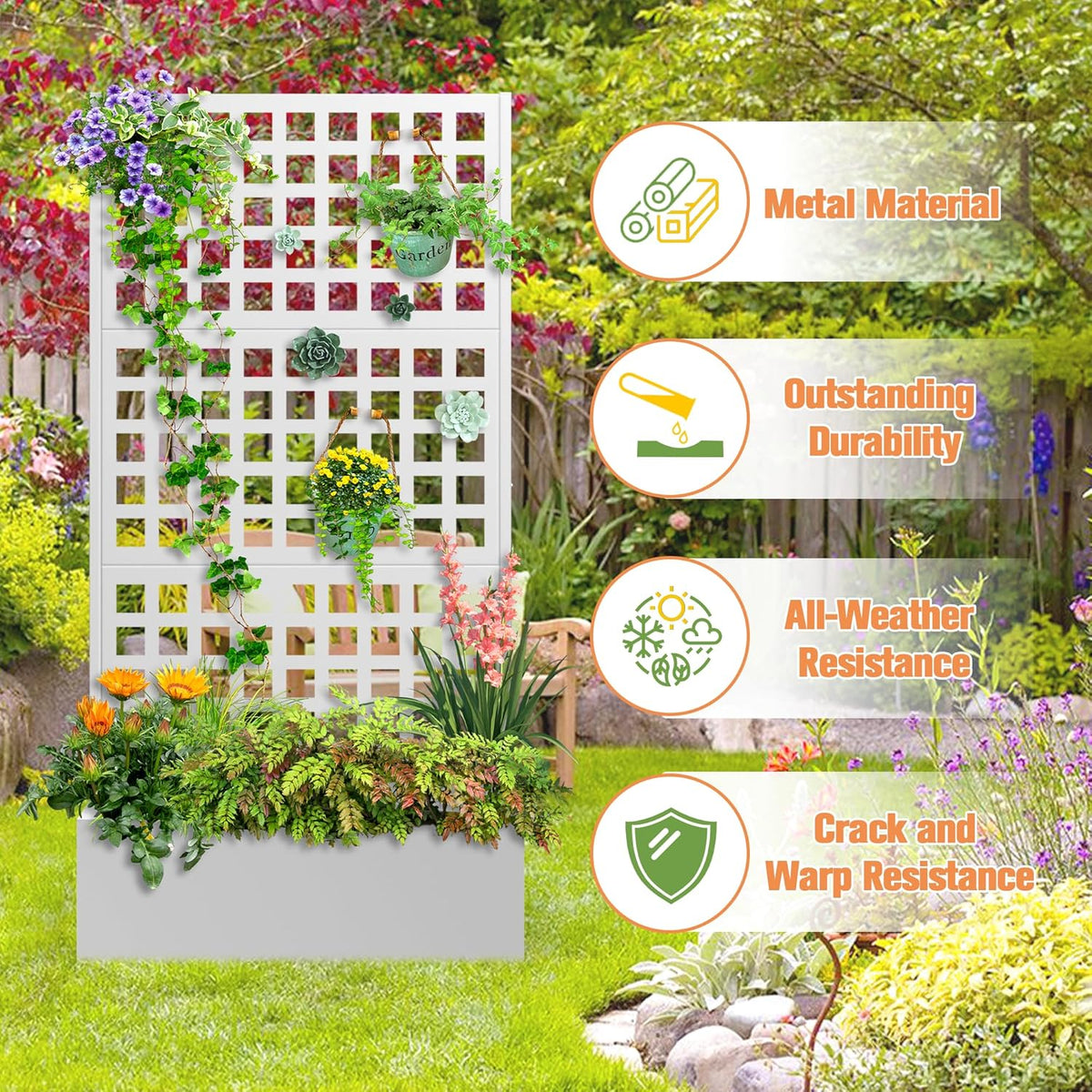 Metal Planter Box with Trellis & Wheels, Raised Garden Bed with Privacy Screen, Outdoor Standing Flower Beds with Drainage Hole for Climbing Plants, Vine, 35" Lx16 Wx71 H