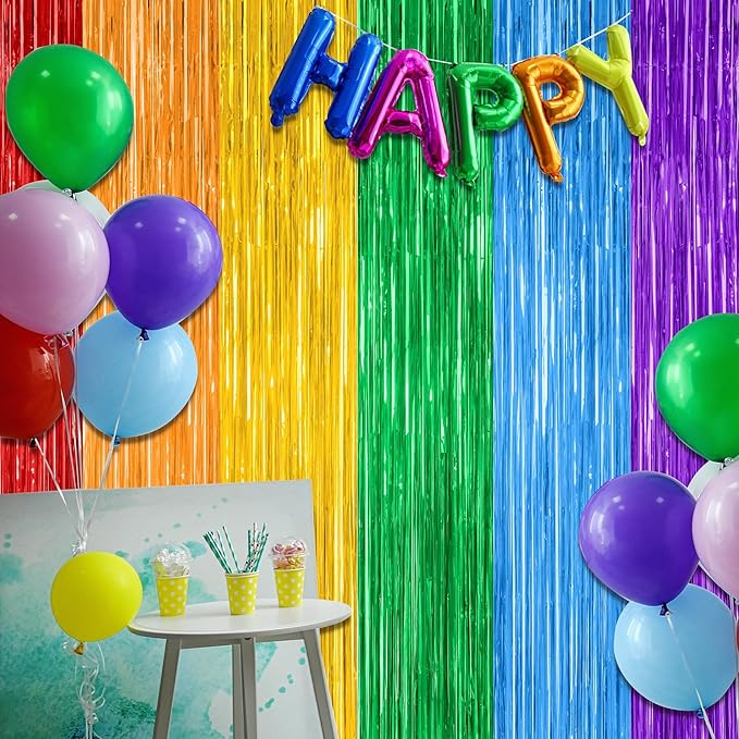 2 Pack Rainbow Backdrop Curtains, 3.28 FT x 7.05 FT Colofull Party Decorations, Metallic Tinsel Backdrop Fringe Curtains Party Streamer, Rainbow Party Supplies for Wedding Birthday Party Engagement