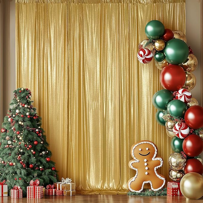 10x12ft Gold Sequin Backdrop Curtain Panels for Parties, Wrinkle Free Glitter Photo Backdrop Drapes 2 Panels 5x12FT Shimmer Back Drop Cloth for Wedding Birthday Christmas Photography Background
