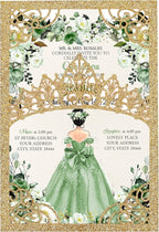 50Pcs Sage Green Crown Quinceanera Invitation for 15 year, Sweet 16, Miss XV, Birthday Laser Cut Quince Invitation Cards Personalized Glitter Gold