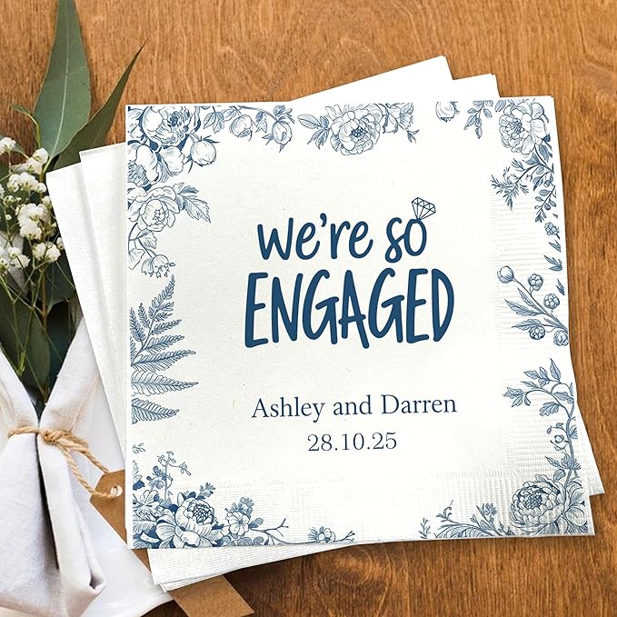 Luxury Personalized Engagement Napkins, We're Engaged, Custom Cocktail Napkins, Beverage Luncheon Cocktail Bar Napkin For Reception, Napkin Decor for Engagement Party, Bridal Shower
