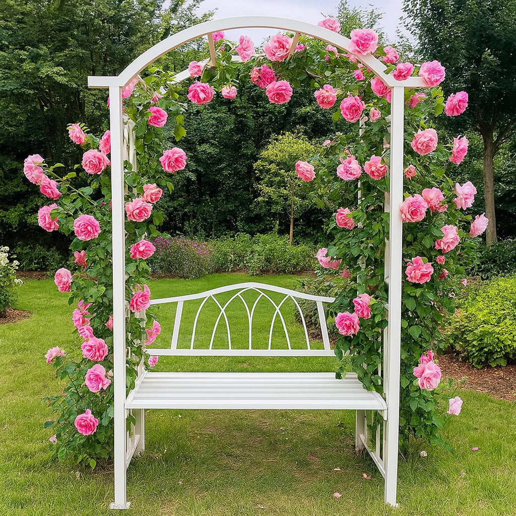 White Aluminum Garden Arbor Arch with 2-Seater Bench