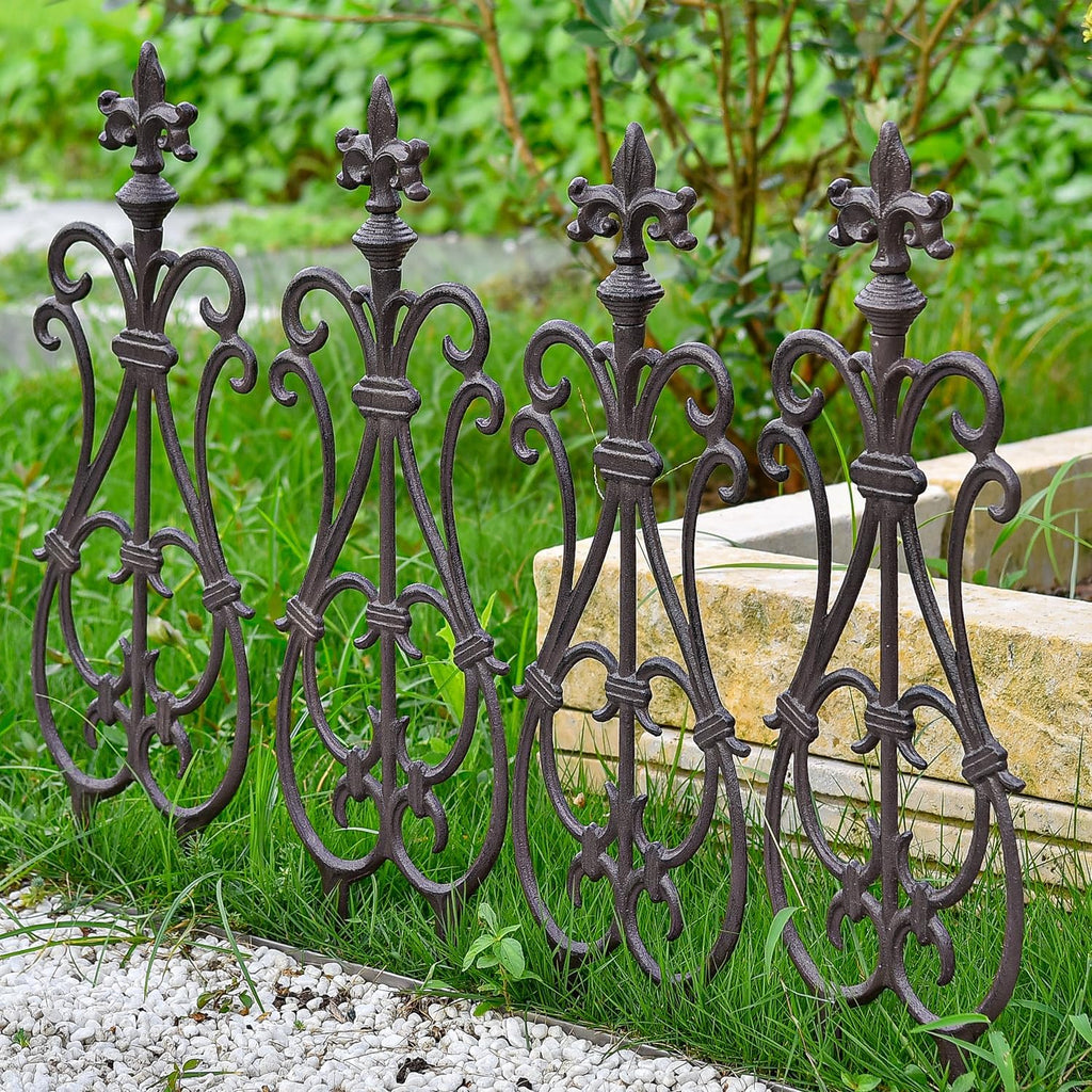 Sungmor Decorative Cast Iron Flower Bed Fence, 28" Tall Vintage Garden Edging Border, 4 Pack Heavy Duty Landscape Picket Fence Panels, Outdoor Plant Support Garden Stake, Victorian Yard Lawn Decor