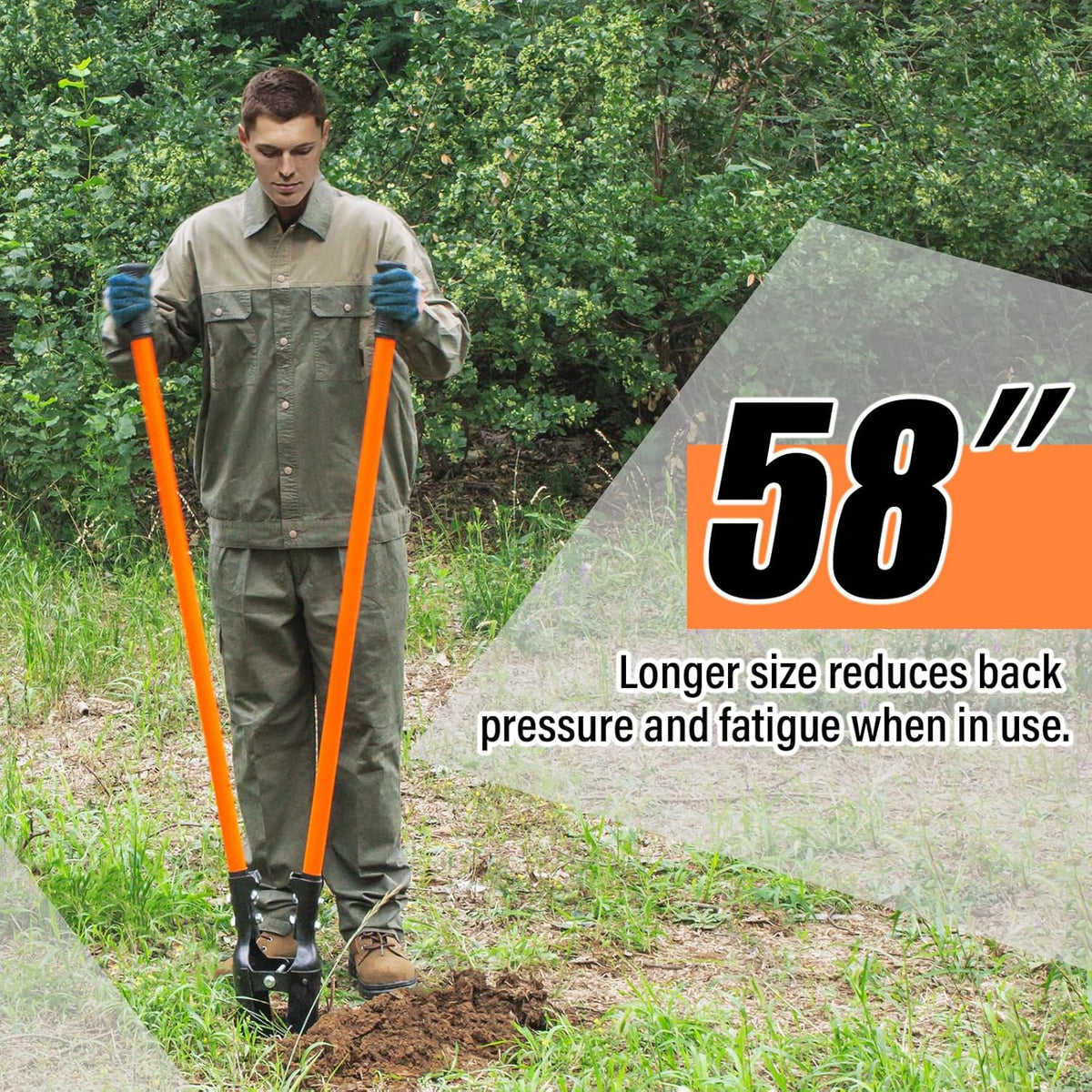 Post Hole Digger, Heavy Duty with Fiberglass Handle, Carbon Steel Blades, 58 Inches, Orange & Black