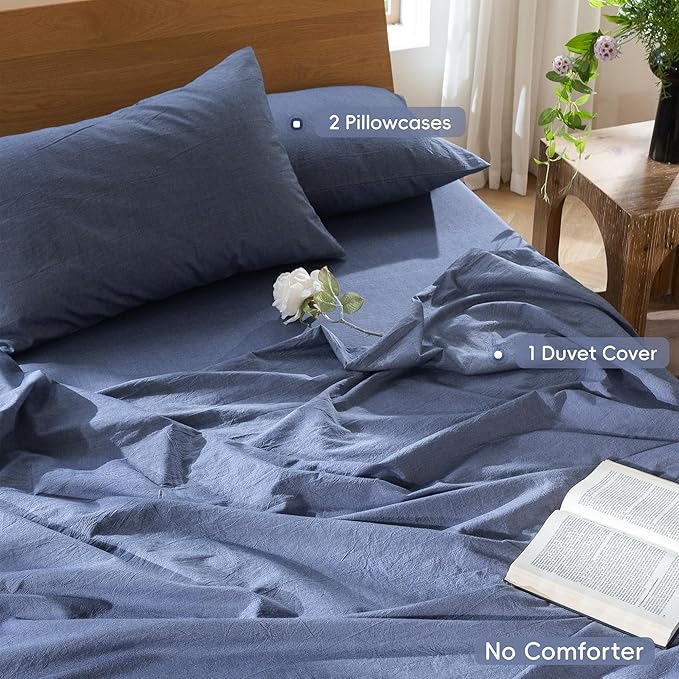 MooMee Bedding Duvet Cover Set 100% Washed Cotton Linen Like Textured Breathable Durable Soft Comfy (Heathered Blue, Super Queen 90"x98")