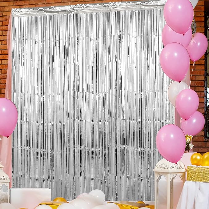 Crosize 2 Pack 3.3 x 9.9 ft Silver Foil Fringe Backdrop Curtain, Streamer Backdrop Curtains, Streamers Birthday Party Decorations, Tinsel Curtain for Parties, Photo Booth Backdrops, Party Décor
