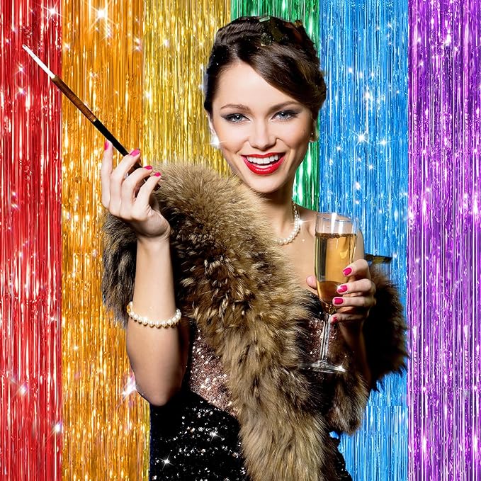 2Pack Rainbow Foil Fringe Curtains Backdrop Decorations, Rainbow Metallic Tinsel Foil Streamers Curtain Photo Booth Background for Birthday Wedding Engagement Bridal Shower Unicorn Party Decorations