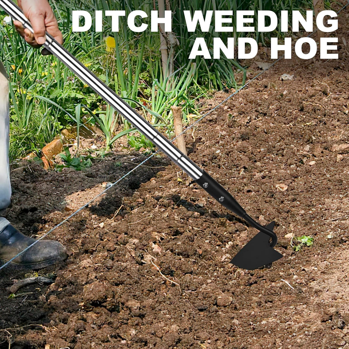 Warren Hoe, Carbon Steel Triangle Garden Hoe with Stainless Steel 57" Adjustable Long Handle, Heavy Duty Gardening Hand Tools Hoe for Ridging Weeding Digging Loosening Edging Soil, balck