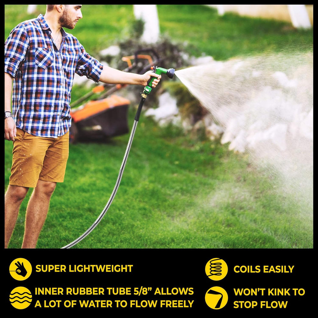 Bionic Steel PRO 100 Ft Garden Hose with Nozzle, Premium 304 Stainless Steel Metal Water Hose 100Ft Flexible Hose, Rust Proof, Lightweight, Heavy Duty, Crush Resistant Fittings, 500 PSI, 2025 Model