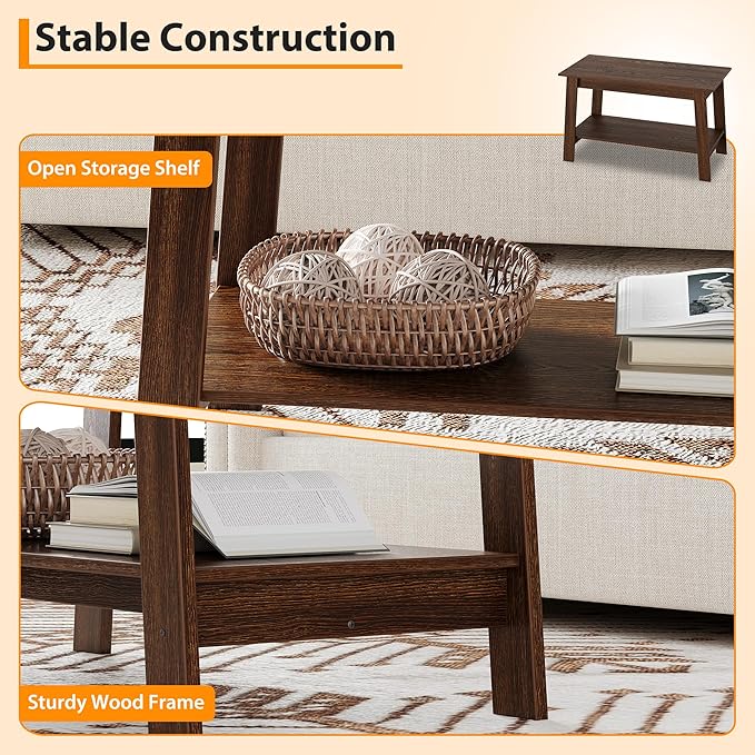 Coffee Table for Living Room, 2 Tier Coffee Table with Storage, Small Rectangular Center Tables with Shelf, Space Saving, Easy Assembly, Light Walnut