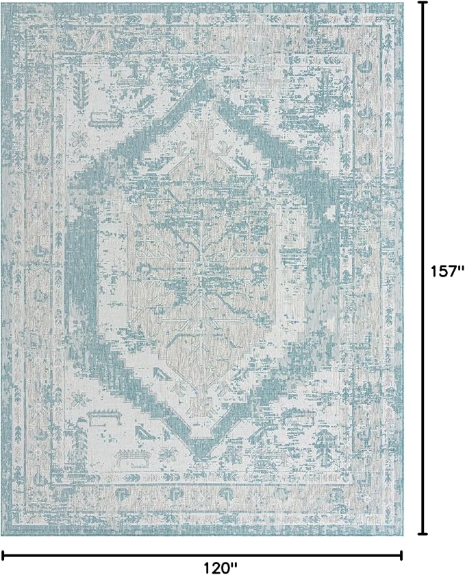 Unique Loom Outdoor Traditional Collection Area Rug - Valeria (10' x 13' 1" Rectangle, Aqua/ Ivory)