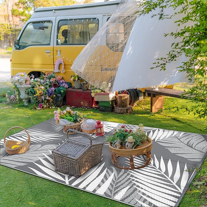 GENIMO Outdoor Rug 9' x 12' Waterproof for Patios Clearance, Reversible Plastic Straw Camping Carpet, Large Area Rugs Mats RV, Picnic, Backyard, Deck, Balcony, Porch, Beach, Grey&White