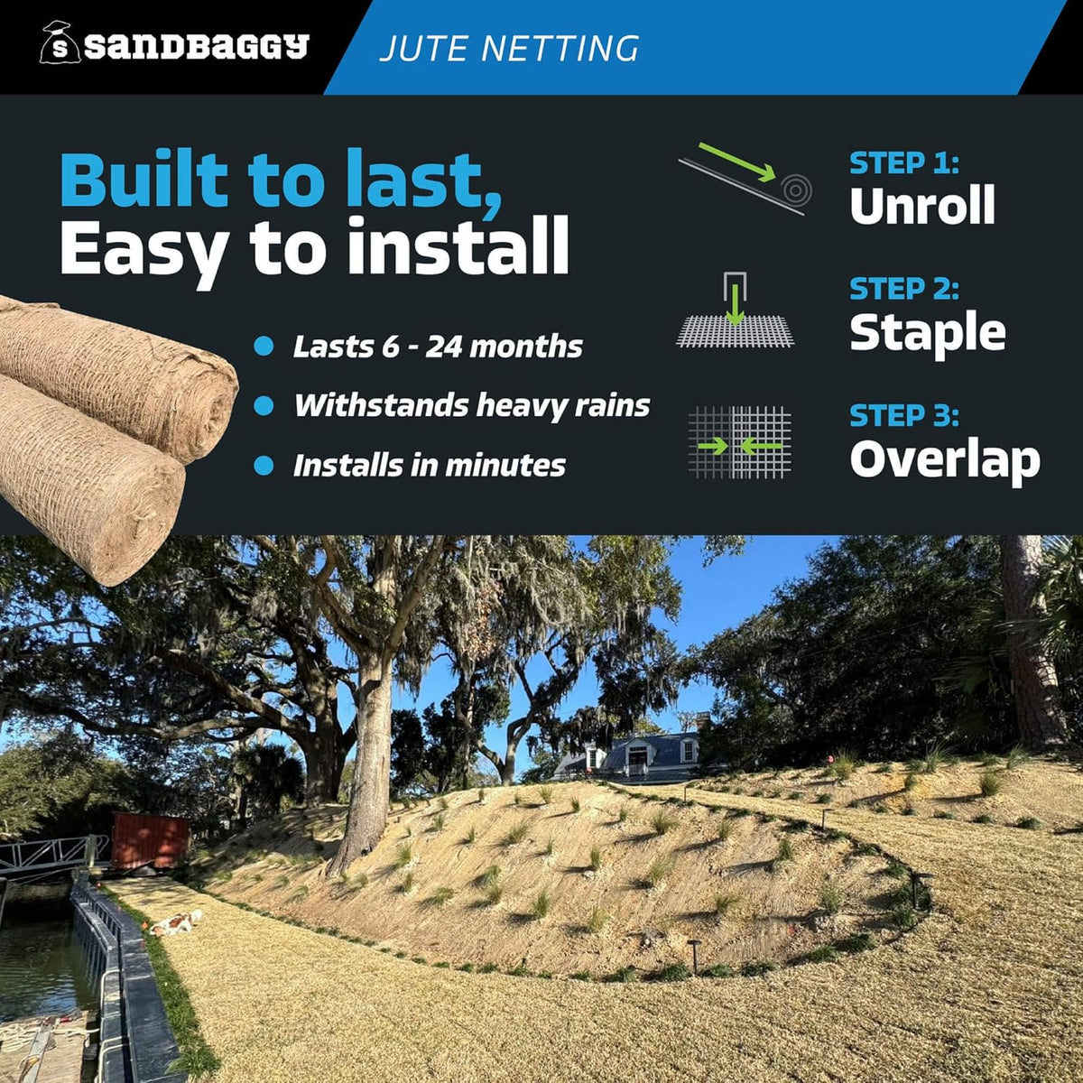 Sandbaggy Jute Netting Roll, 4 ft x 225ft - Biodegradable Erosion Control Blanket for Slopes, Hills & Drainage, Eco-Friendly, Durable Soil Stabilizer, Contractor-Approved for Landscaping (20 Rolls)
