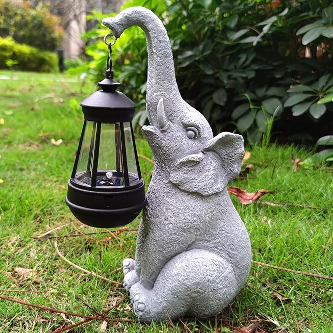 Elephant Solar Garden Statues,Resin Elephant Figurine Decorations with Solar Lights Lantern, Outdoor Elephant Decor Art for Lawn,Yard, Unique Housewarming Gift for Garden Home, VY-0617