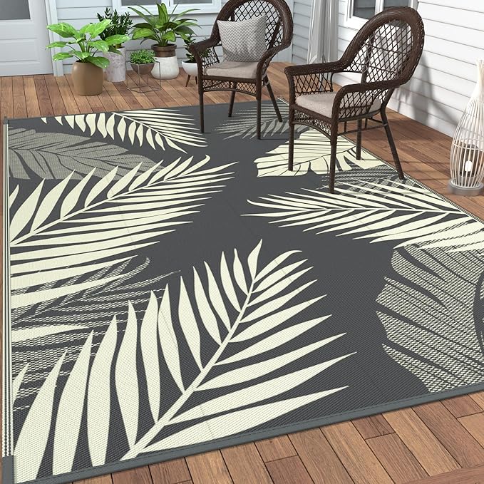 GENIMO Outdoor Rug 6' x 9' Waterproof for Patios Clearance, Reversible Plastic Straw Camping Carpet, Large Area Rugs Mats for RV, Picnic, Backyard, Deck, Balcony, Porch, Beach, Yellow&Grey