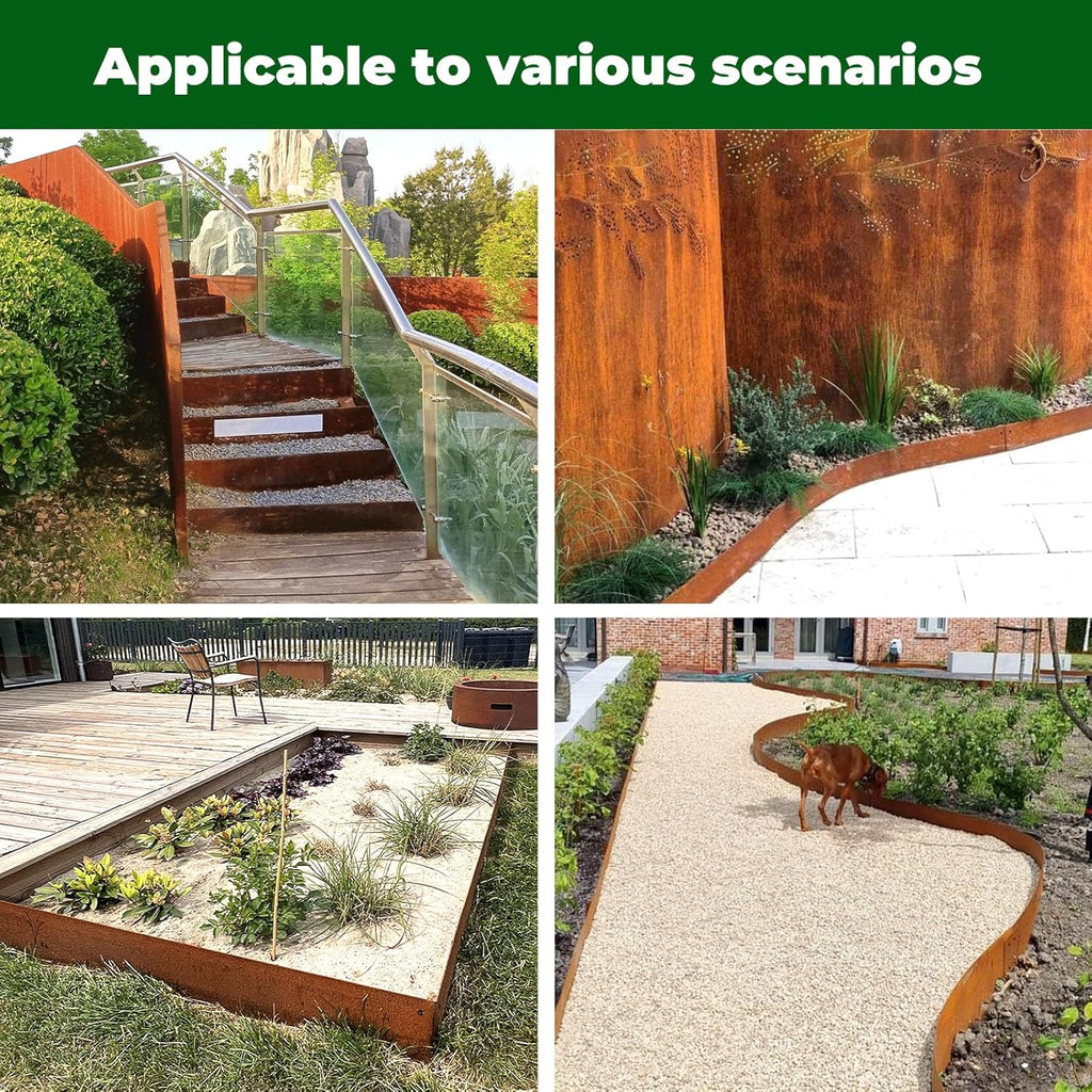 Cor Ten Steel Metal Landscape Edging 40 inch with Top Bending Protection Pre-Rusted Cor Ten Steel Garden Edging 8 Inch Depth 180 Degree Bend 6 Pack for Lawn Yard (8 inch-180 Degree Bend, Rusted)