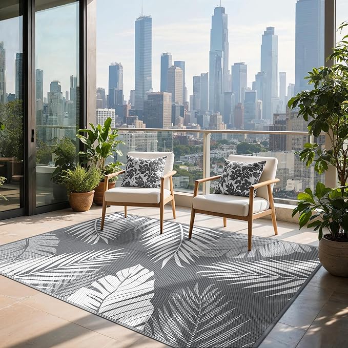 Outdoor Rug 4’x6’ Waterproof for Patio Clearance, Reversible Indoor Outdoor Plastic Straw Camping Rug Carpet, RV Mat, Large Area Rug for Deck, Backyard, Balcony, Porch, Beach, Grey & White