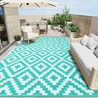 OLANLY Waterproof Outdoor Rug 9x12 ft, Outdoor Plastic Straw Rug for Camping, RV Mat Outside, Outdoor Carpet for Porch, Deck, Backyard, Balcony, Picnic, Turquoise & White