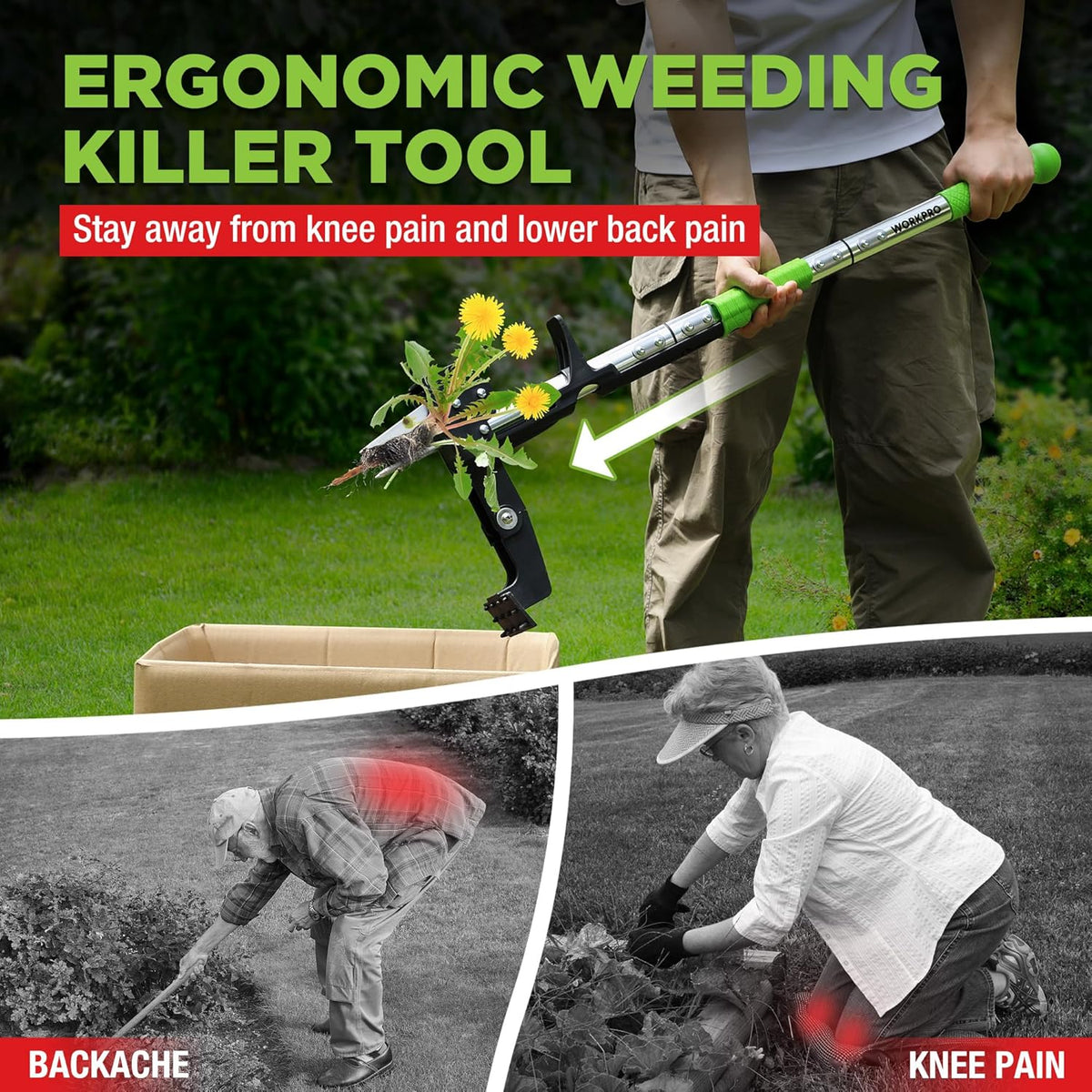 WORKPRO Stand Up Weed Puller Tool, Garden Dandelion Weeder Puller with Ergonomic 39" Long Handle, 4 Claws Steel Head & Foldable Foot Pedal, Heavy Duty Root Remover Tool Without Bending or Kneeling