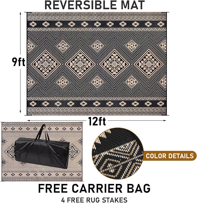 HiiARug Outdoor Rug for Patios Clearance 9'x12' Outdoor Plastic Straw Rug Waterproof Patio Camping Rug Reversible RV Mat Outdoor Area Rugs for Outdoors, RV, Patio, Backyard, Deck, Camping