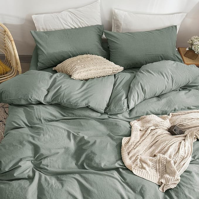 MooMee Bedding Duvet Cover Set 100% Washed Cotton Linen Like Textured Breathable Durable Soft Comfy (Heathered Green, Palatial King/Oversized King 120"x98")