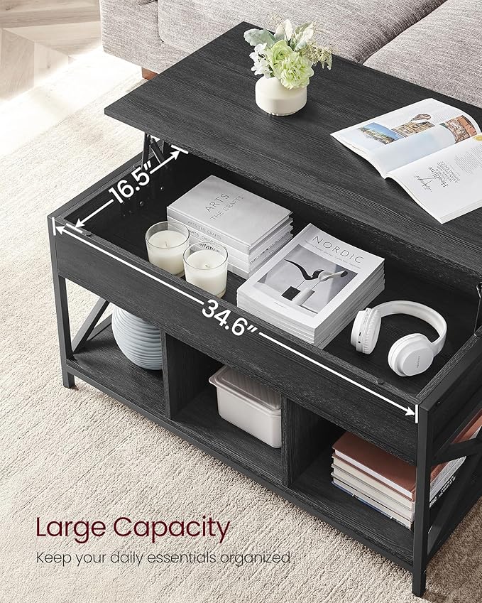 VASAGLE Lift Top Coffee Table, Lift Coffee Table with Storage Shelf, Hidden Compartments and Lifting Top, for Living Room, Office, 19.7 x 39.4 x (19.3-24.4) Inches, Black with Wood Grain ULCT202B22