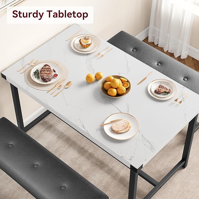 Dining Table Set for 4, Dining Room Table Set with 2 Upholstered Benches, Small Kitchen Table Set, 3 Piece Farmhouse Rectangular Dining Room Table Set, Space Saving Dining Table for Apartment