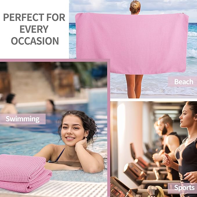 New Microfiber Waffle Bath Towels, 2 Pieces, Oversized, Soft, Absorbent, Fast Drying, Lint Free (Pink)