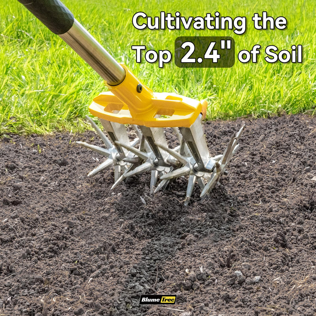 BlumeTrec Rotary Cultivator Garden Tool with Extra-Large Tines, 74-Inch Long Handle Manual Tiller Cultivator, Heavy-Duty Rotary Hand Tiller for Soil Mixing, Reseeding Grass, Gardening, Lawn Care