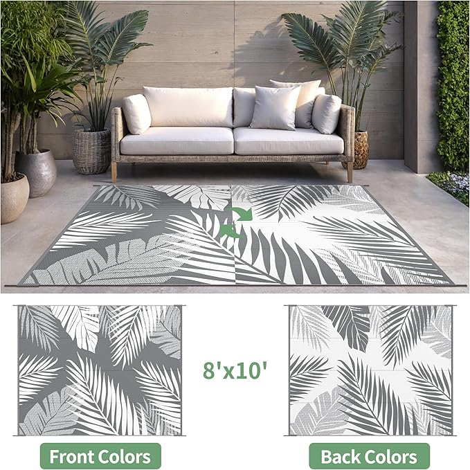 Outdoor Rug 8’x10’ Waterproof for Patio Clearance, Reversible Indoor Outdoor Plastic Straw Camping Rug Carpet, RV Mat, Large Area Rug for Deck, Backyard, Balcony, Porch, Beach, Grey & White