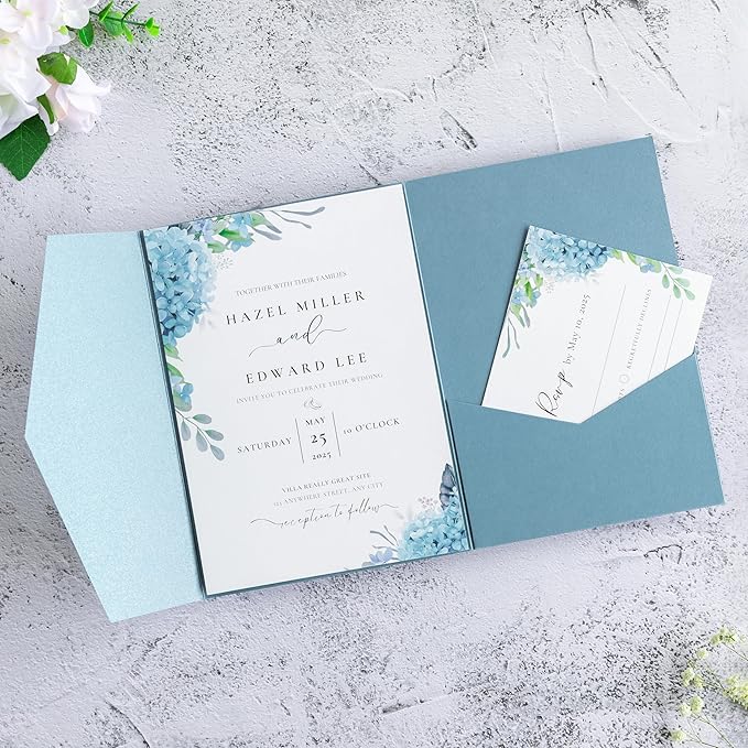 20 Pcs 5.12x7.1'' Sparkle Dusty Blue Tri-fold Laser Cut Wedding Invitation Cards for Wedding Bridal Shower Quinceañera Engagement Birthday Invitation