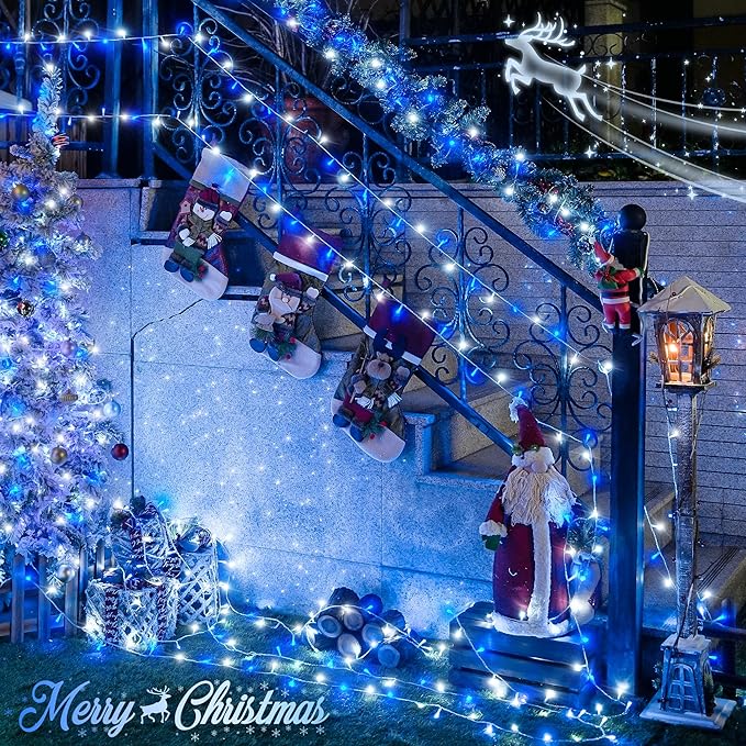 JMEXSUSS 500 LED Blue and White Christmas Lights, 8 Modes 163ft String Lights Plug in with Remote Control, Clear Wire Christmas String Lights Outdoor Waterproof for Outside Tree Yard Wedding