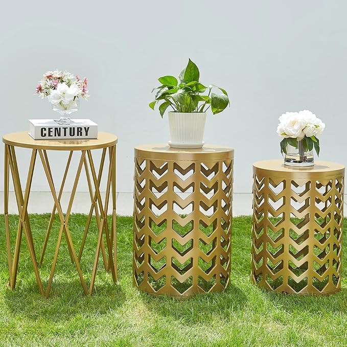 Y&M Nesting Side Table, Set of 3 Stacking Coffee Tables for Living Room End Tables, Outdoor Decorative Garden Stool with Heavy Duty Modern Industrial Decor - Gold (Ship from US)